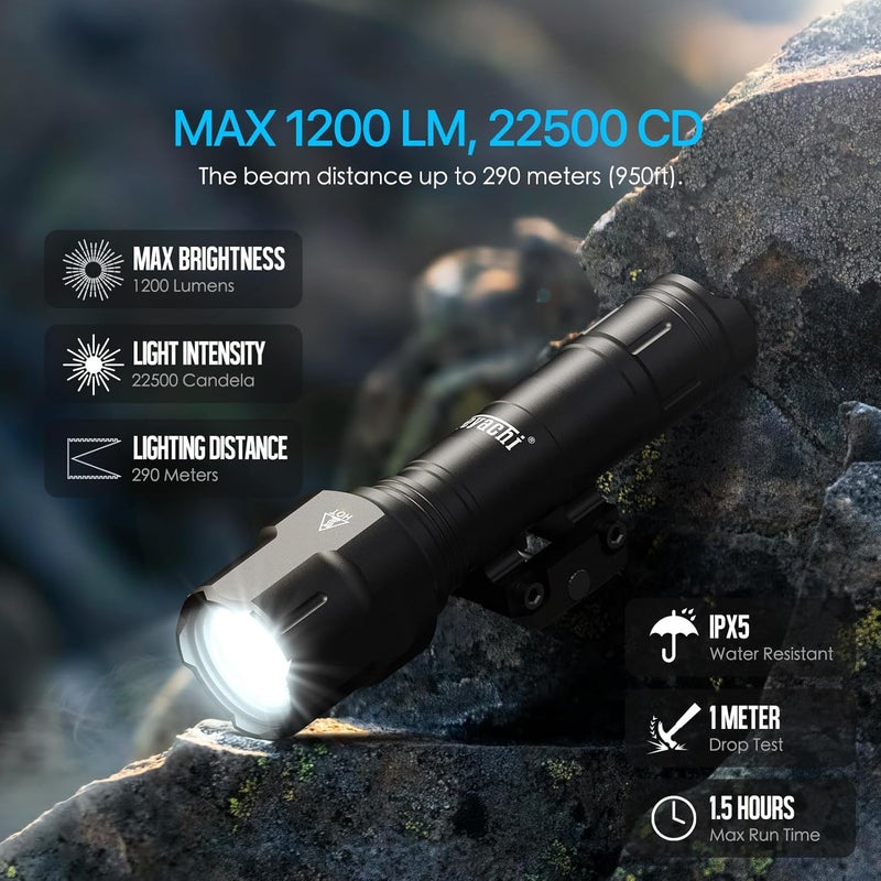 Feyachi Rifle Light 1200LM 22500Candela WL25 Tactical AR Flashlight LED Outdoor Light with Pressure Switch & Picatinny/Mlock Rail Mount, 3 Modes - High/Low/Strobe - Image 2